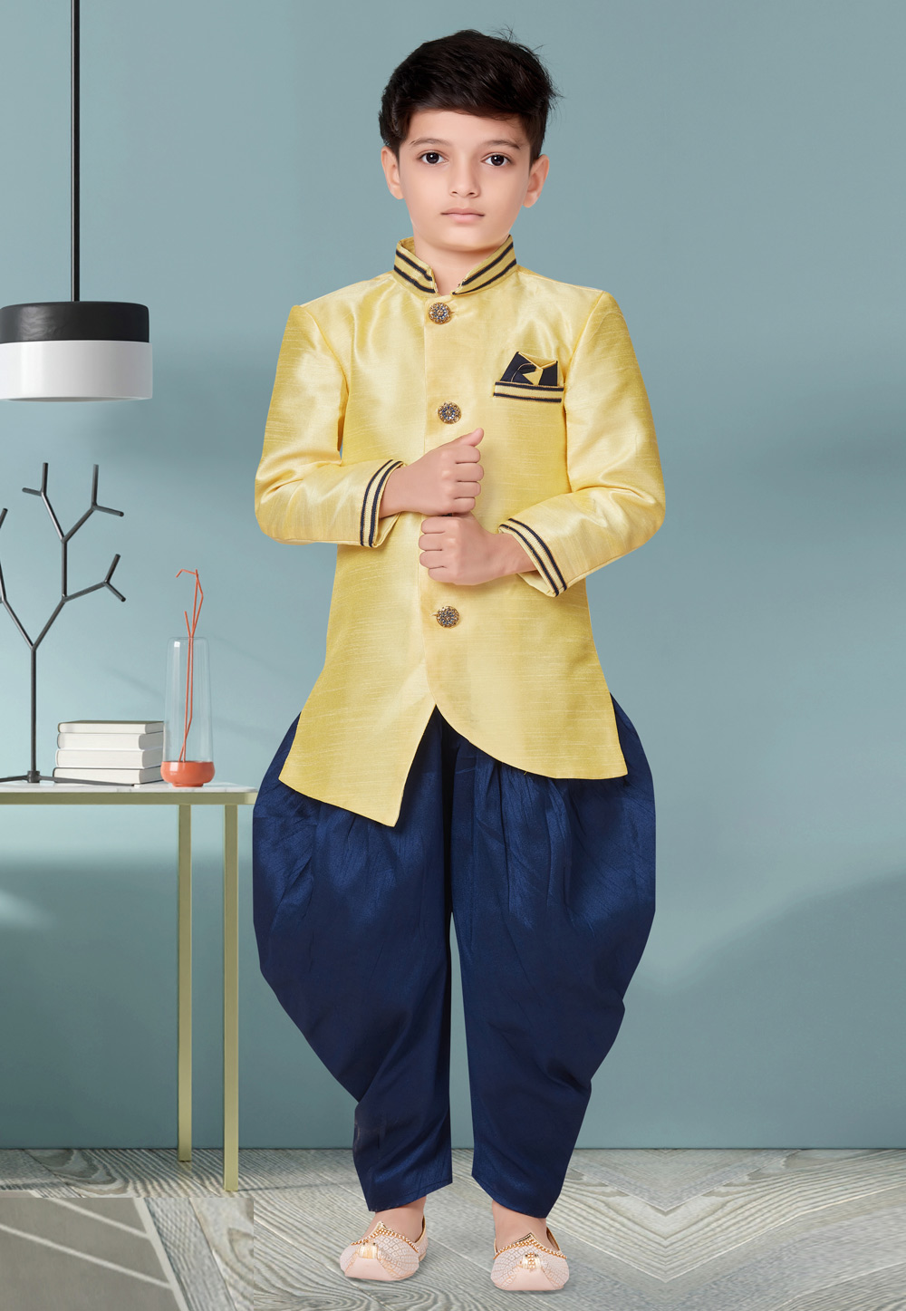 Yellow Banarasi Silk Kids Indo Western Suit 252156