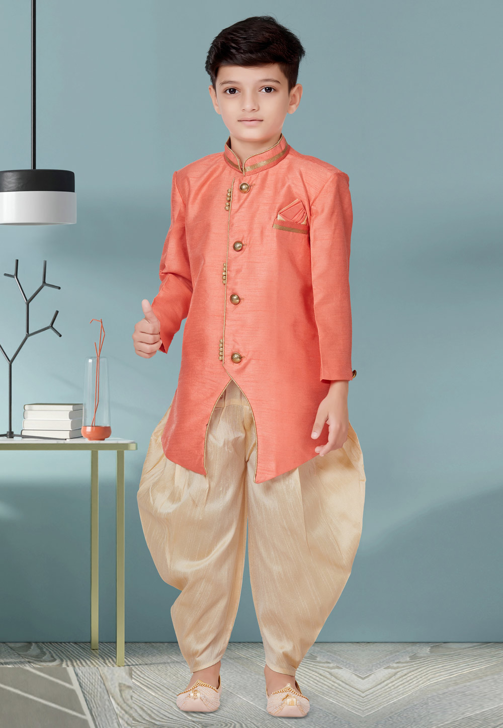 Pink Banarasi Silk Kids Indo Western Suit 252160