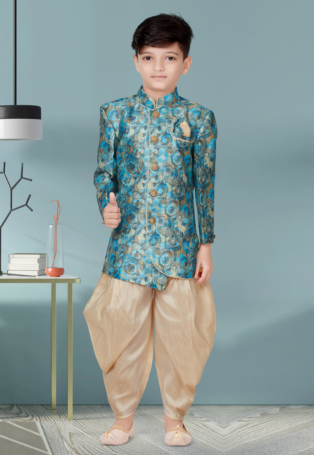 Turquoise Jecquard Kids Indo Western Suit 252161