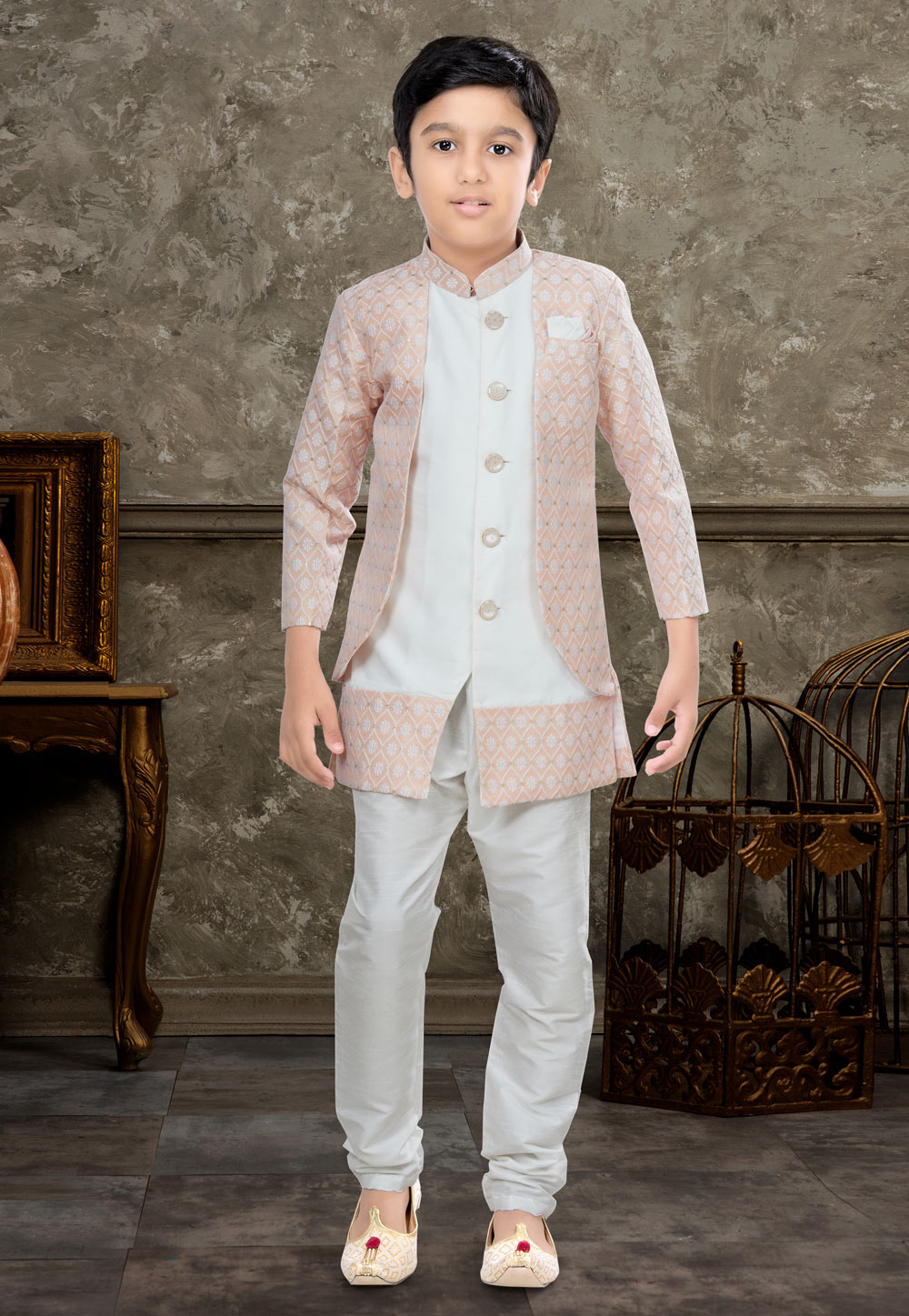 Off White Banarasi Jacquard Kids Indo Western Suit 270977