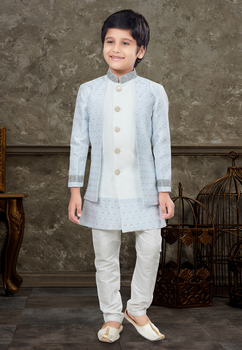 Off White Banarasi Jacquard Kids Indo Western Suit 270978