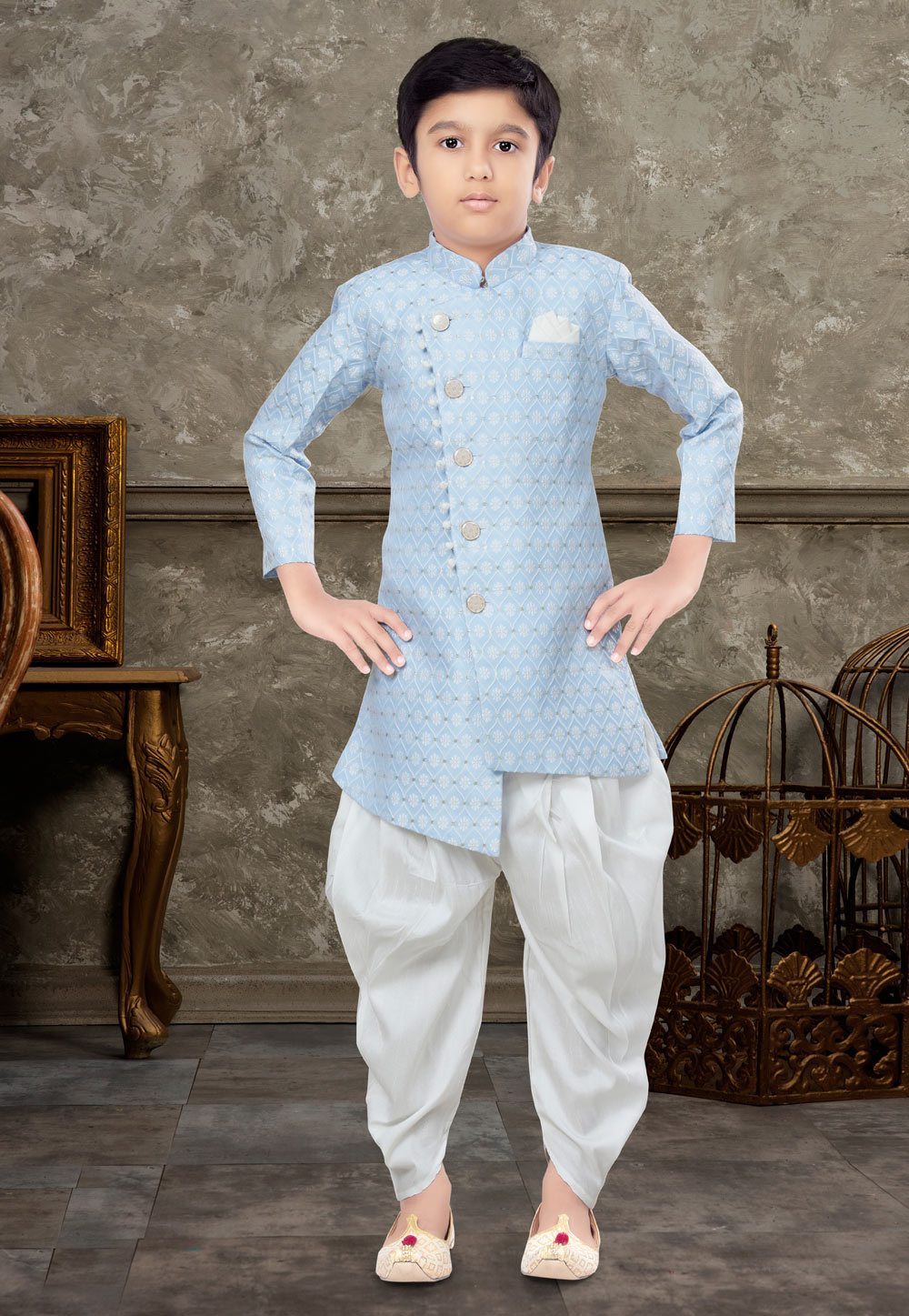 Light Blue Banarasi Jacquard Kids Indo Western Suit 270980