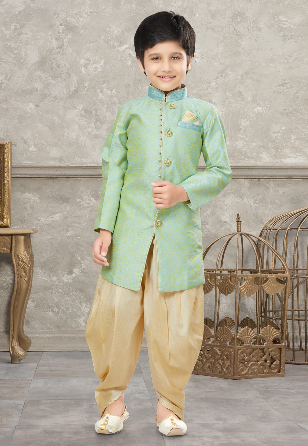 Pista Green Banarasi Jacquard Kids Indo Western Suit 270981