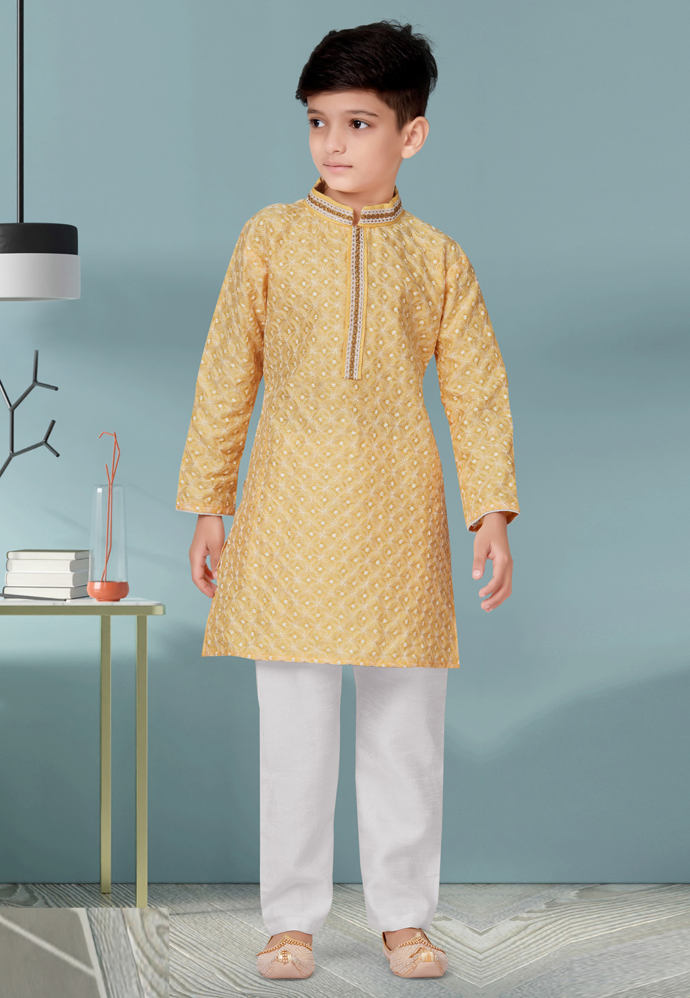 Light Yellow Jecquard Readymade Kids Kurta Pajama 252169