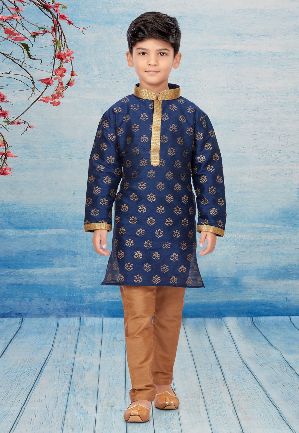 Navy Blue Silk Readymade Kids Kurta Pajama 257036