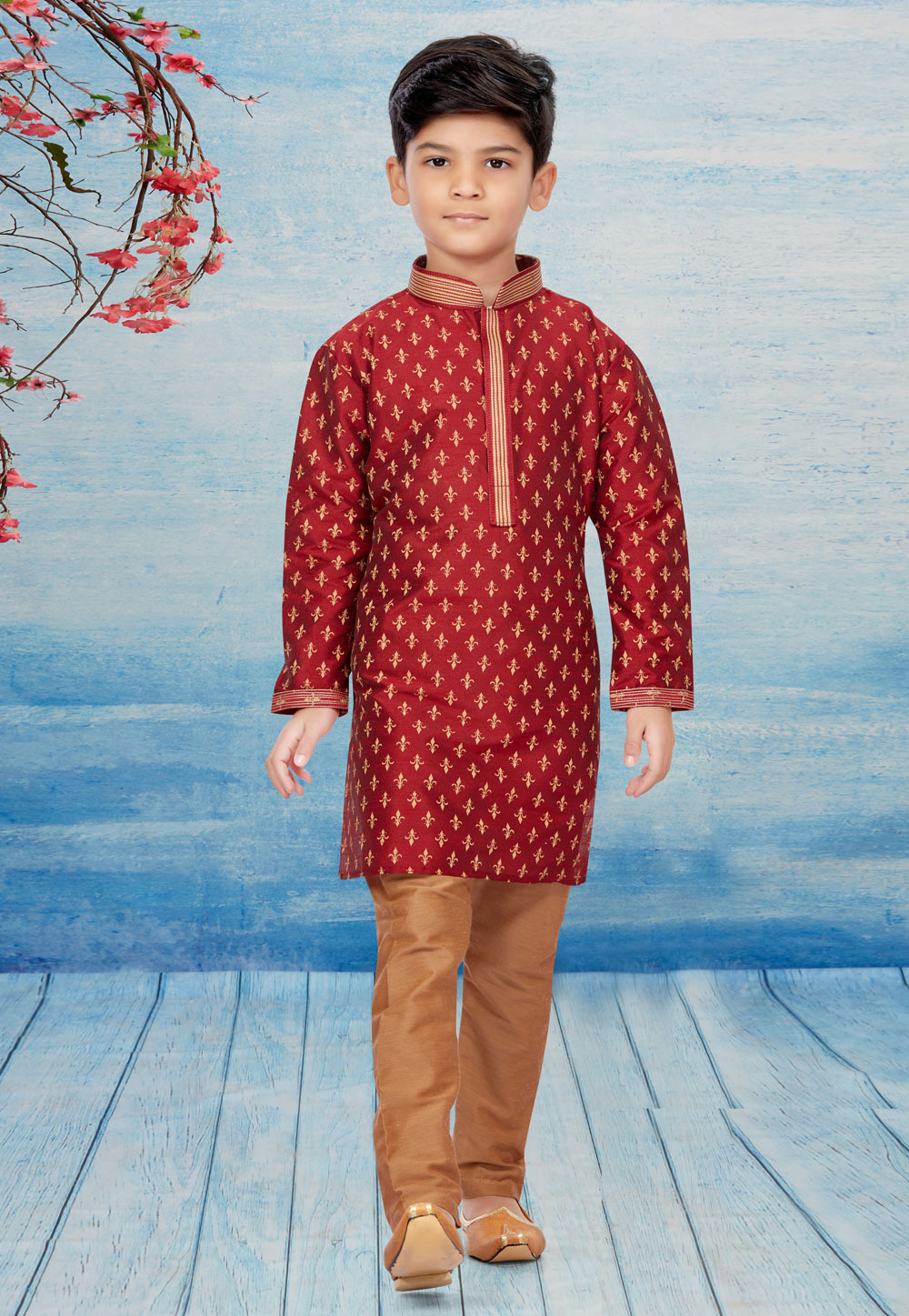 Maroon Silk Readymade Kids Kurta Pajama 257040