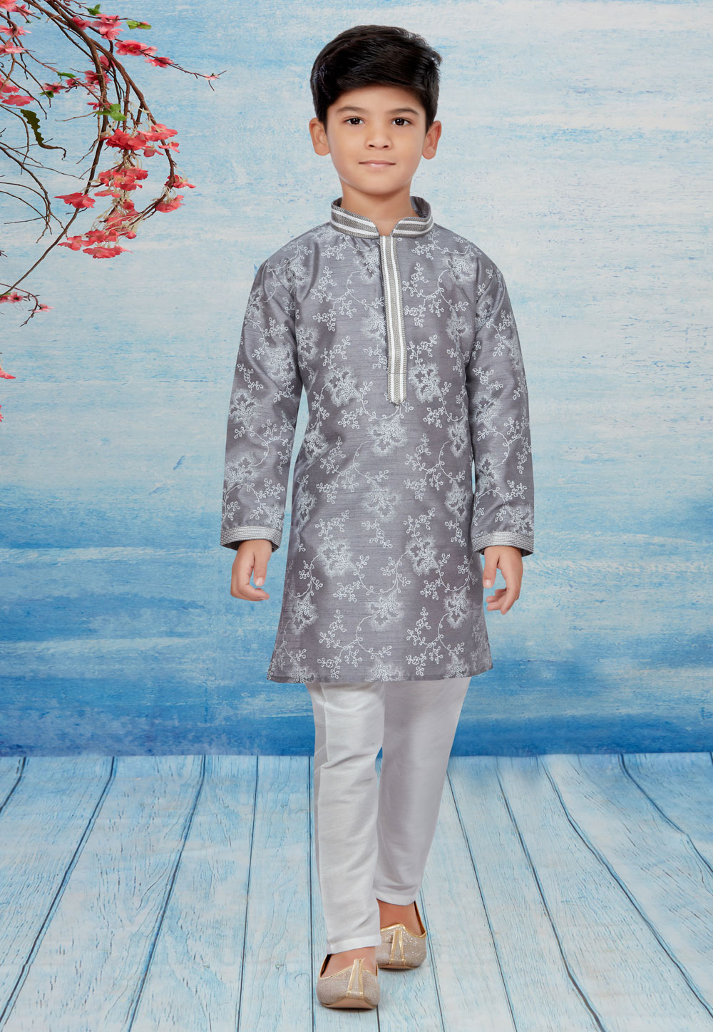 Grey Silk Readymade Kids Kurta Pajama 257044