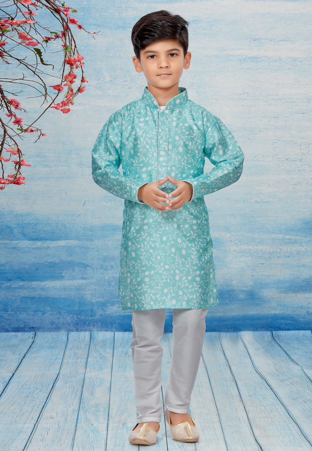 Sea Green Silk Readymade Kids Kurta Pajama 257046