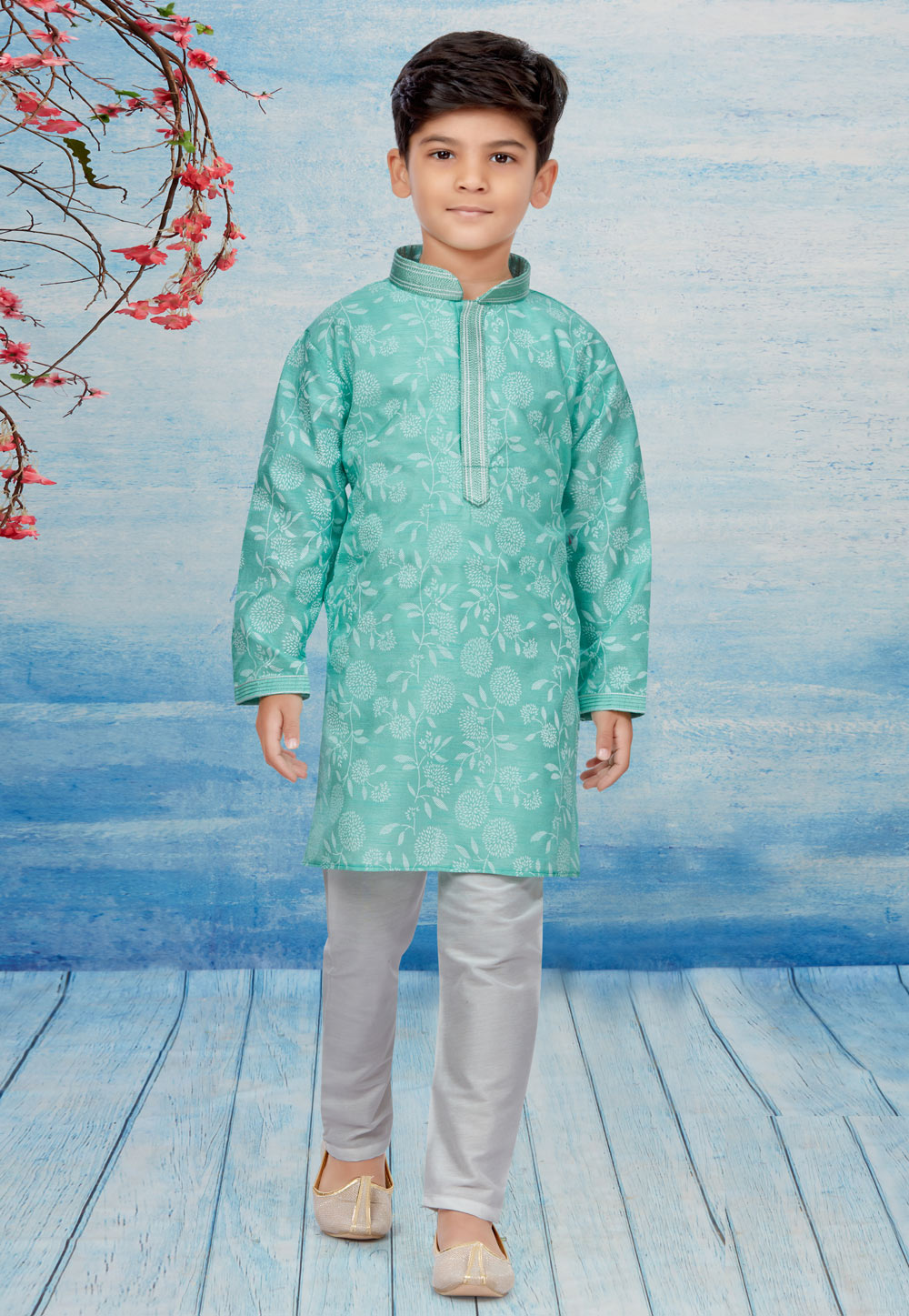 Sea Green Silk Readymade Kids Kurta Pajama 257051