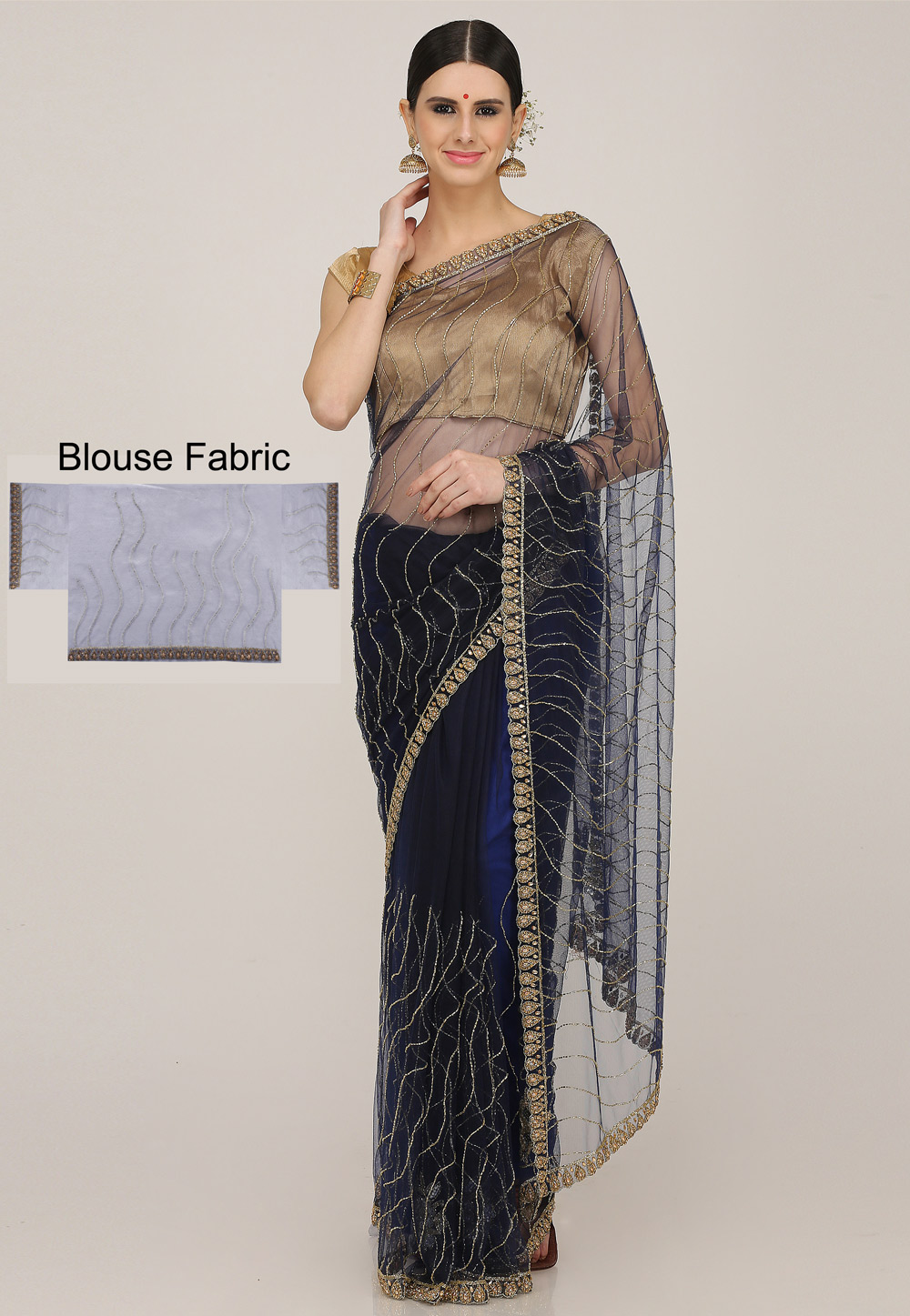 Navy Blue Net Hand Work Saree With Blouse 198170