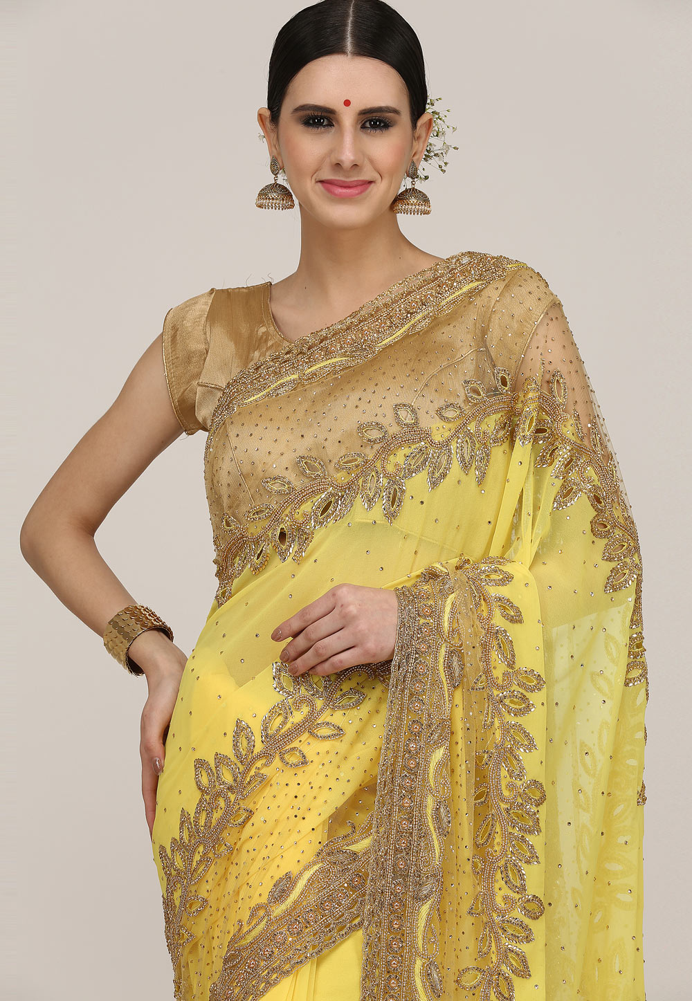 Mango Yellow Satin Silk Designer Saree features floral designs in sequin,  zardozi & stone work