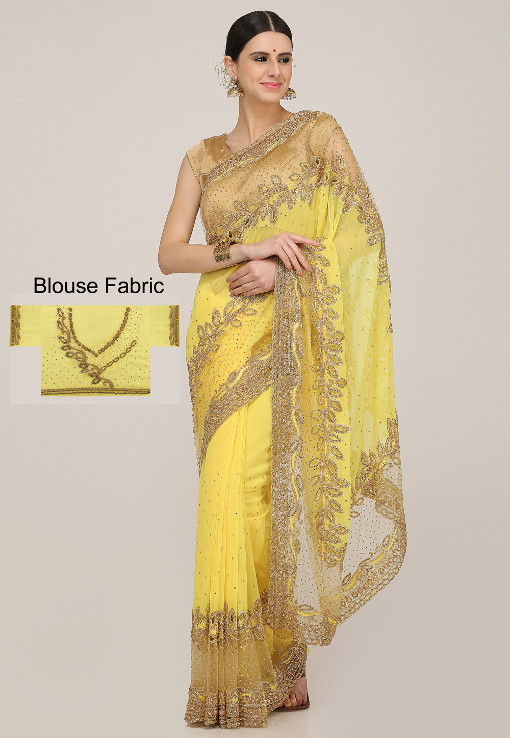 Yellow Georgette Hand Work Saree With Blouse 198176