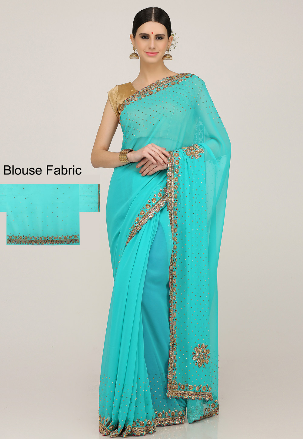 Aqua Georgette Hand Work Saree With Blouse 198160