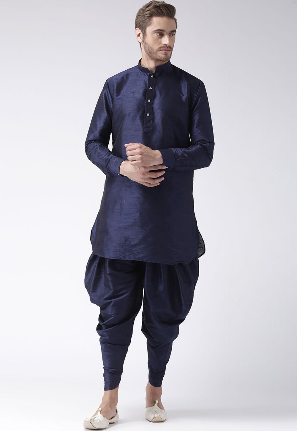 Navy Blue Dupion Readymade Indo Western Suit 160526