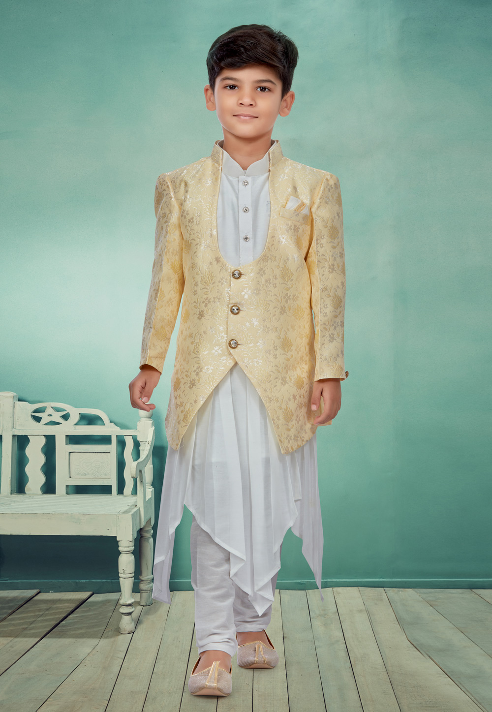 White Silk Kids Indo Western Suit 257057