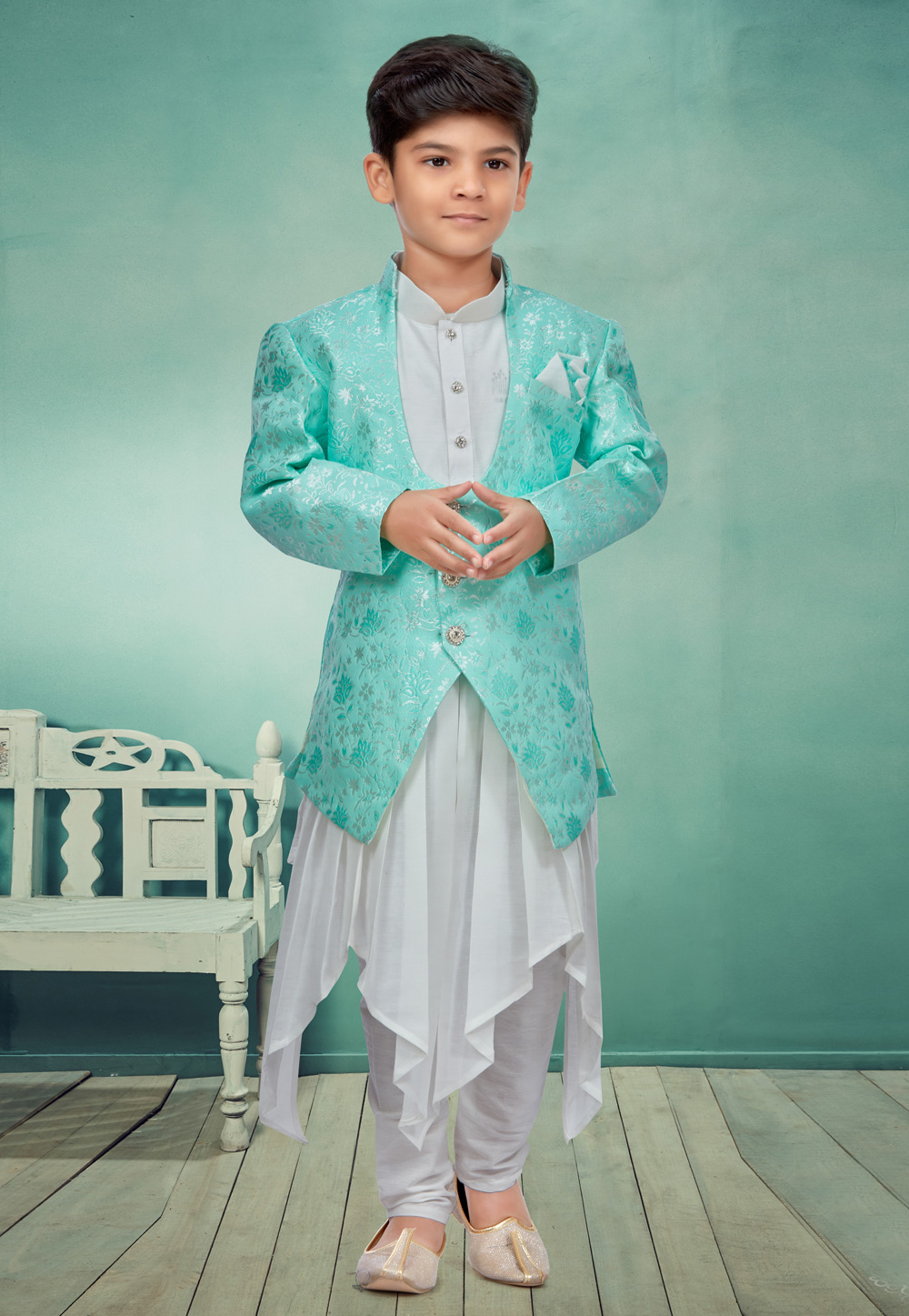 White Silk Kids Indo Western Suit 257058