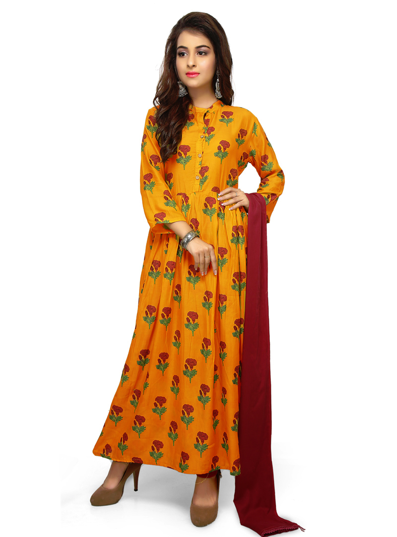 Yellow Rayon Readymade Long Anarkali Suit 147729