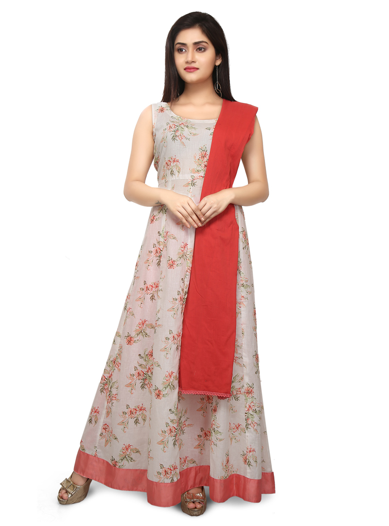 Off White Rayon Readymade Long Anarkali Suit 147723
