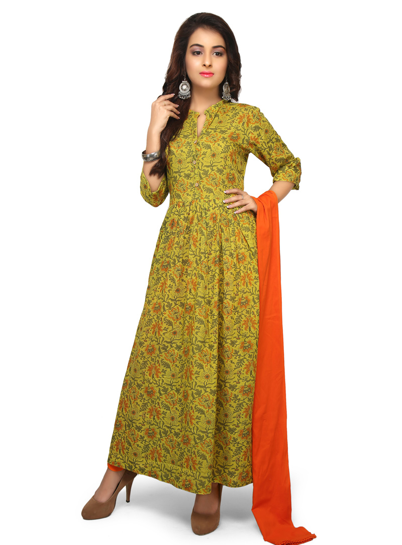 Green Cotton Readymade Long Anarkali Suit 147725