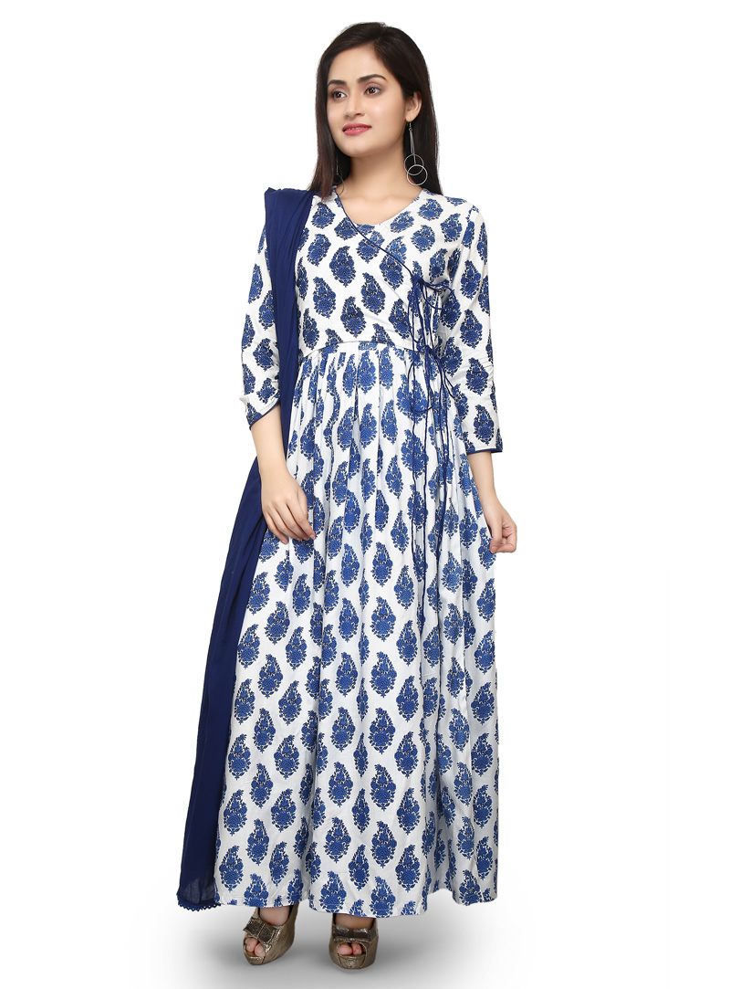 Blue Cotton Readymade Long Anarkali Suit 147726