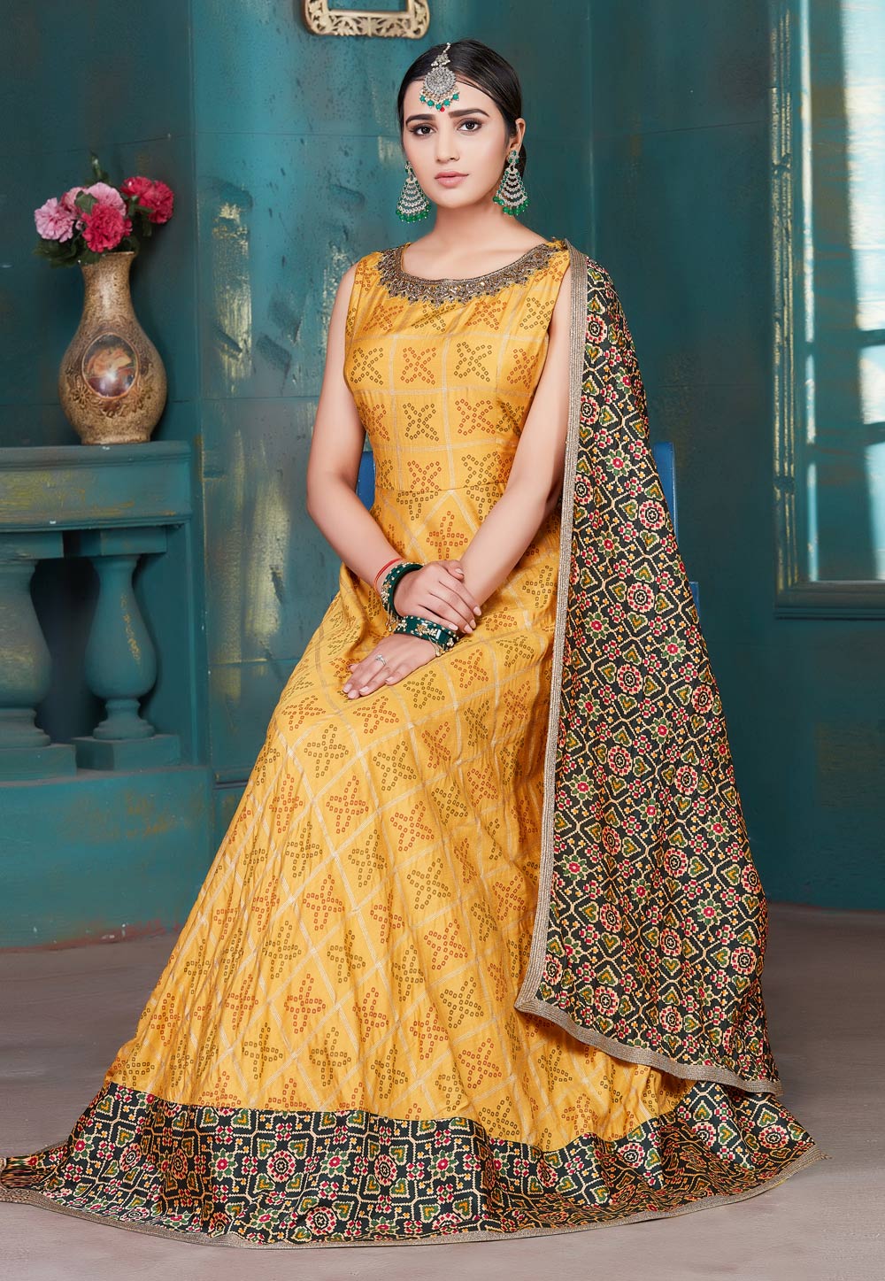 Yellow Silk Readymade Abaya Style Anarkali Suit 205758