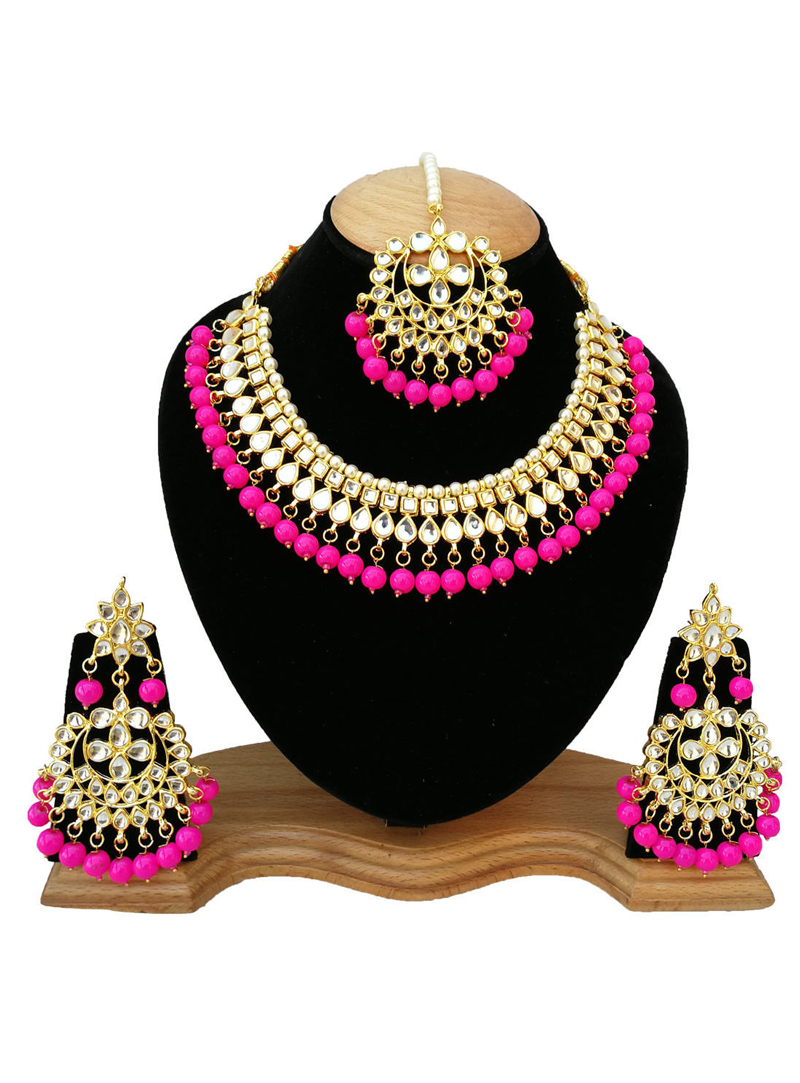 Pink Gold Plated Heavy Set Earrings and Maang Tikka  126666