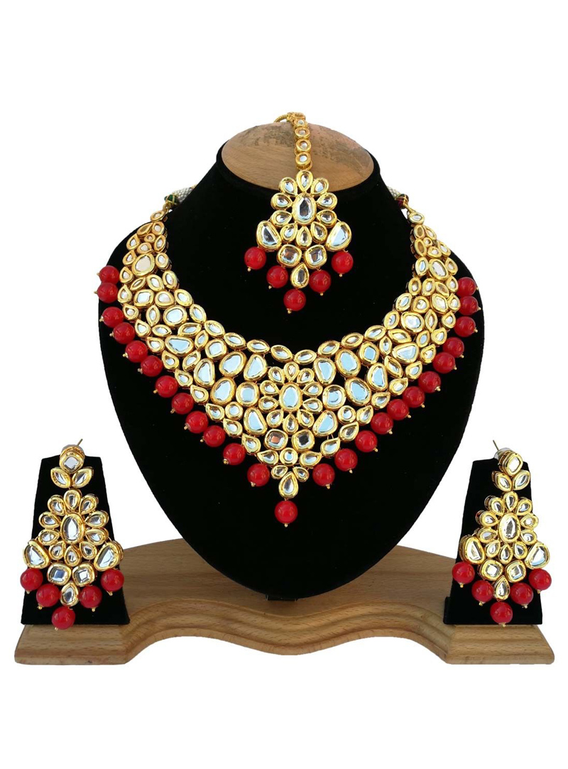 Red Gold Plated Heavy Set Earrings and Maang Tikka  126679