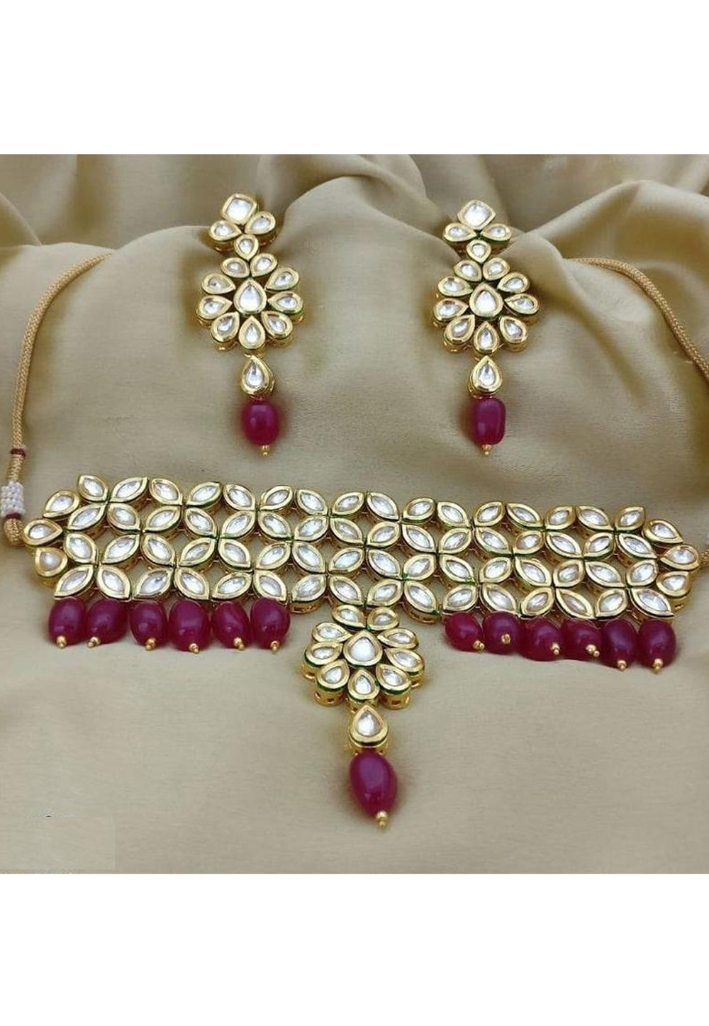 Maroon Alloy Necklace Set With Earrings 176223