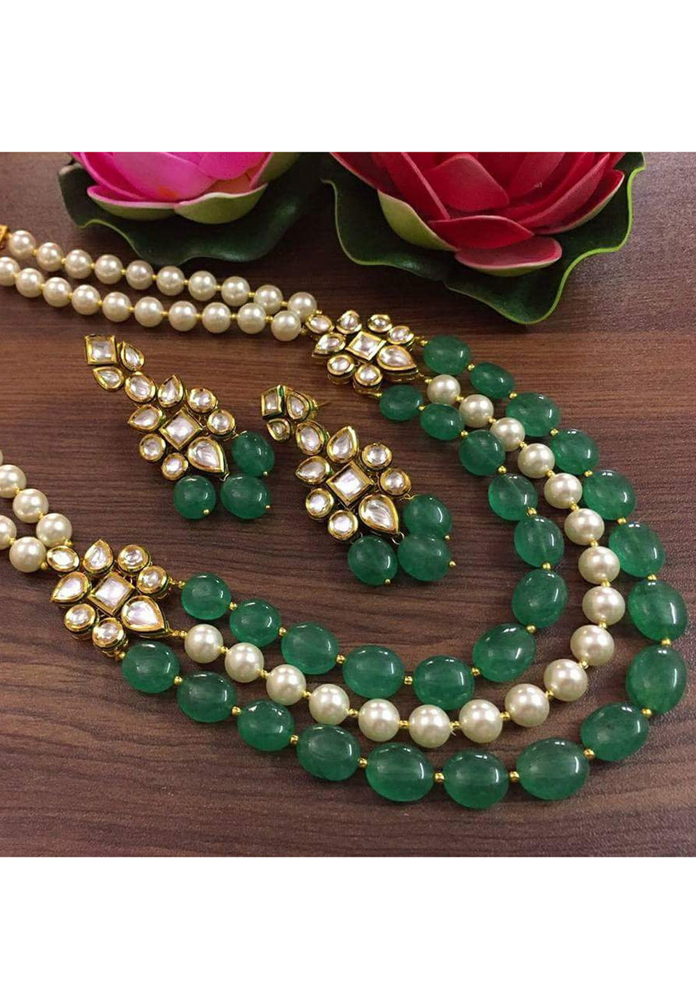 Green Alloy Necklace Set With Earrings 176225