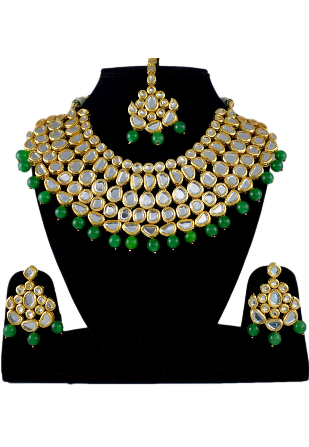 Green Alloy Necklace Set Earrings and Maang Tikka 197615