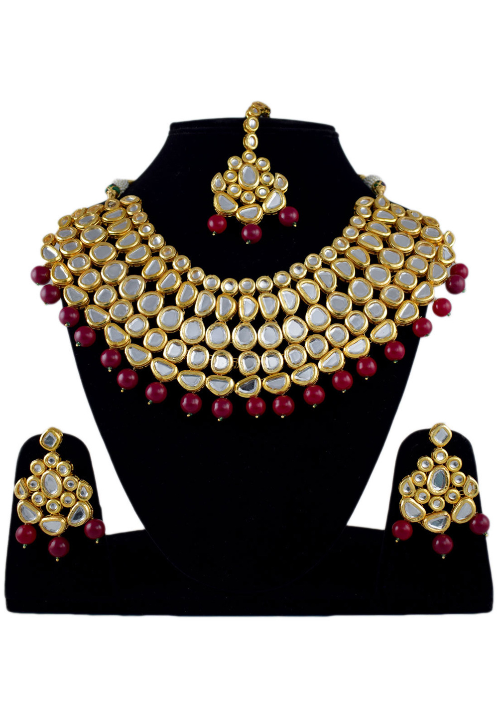 Magenta Alloy Necklace Set Earrings and Maang Tikka 197616