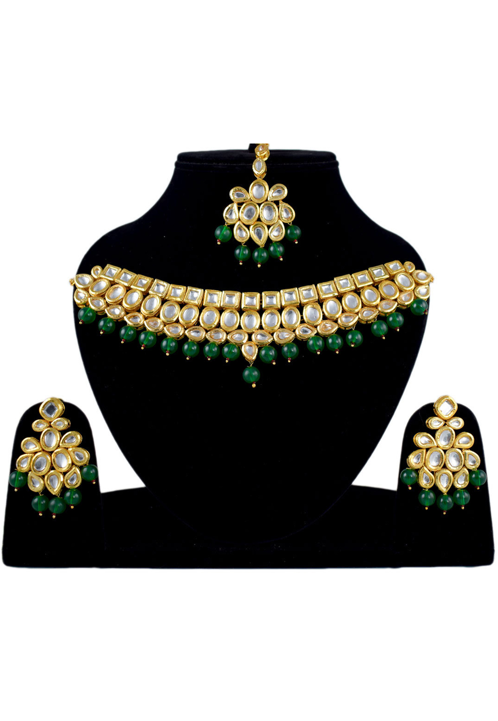 Green Alloy Necklace Set Earrings and Maang Tikka 197621