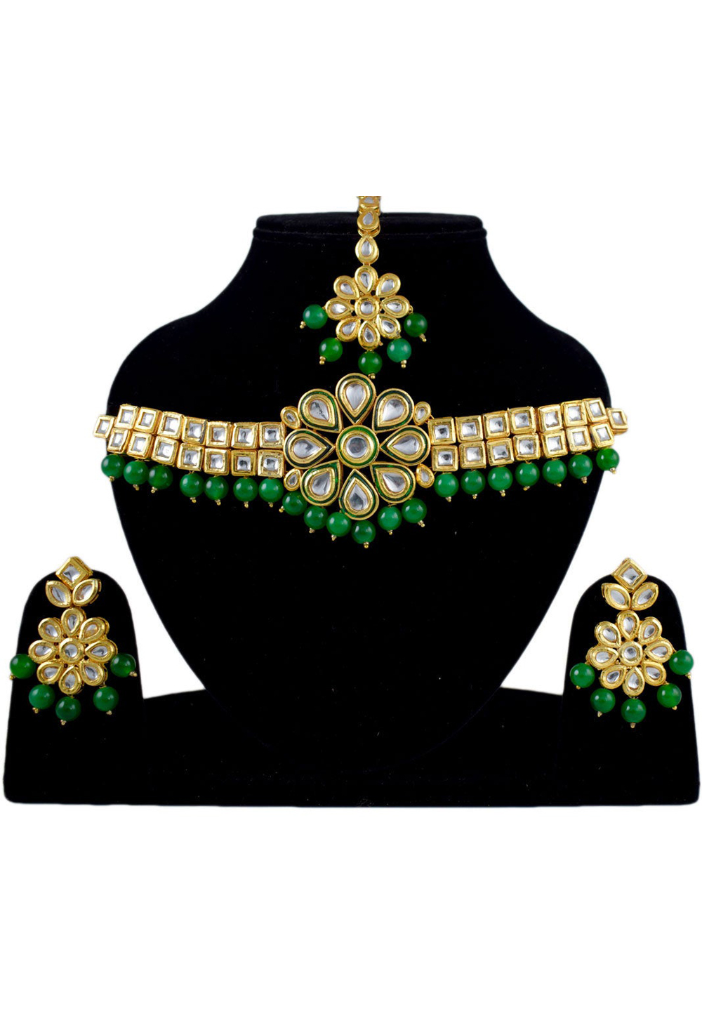 Green Alloy Necklace Set Earrings and Maang Tikka 197626