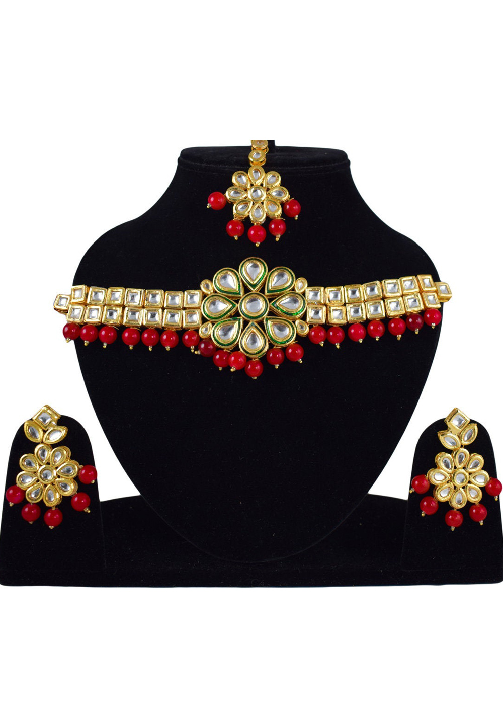 Red Alloy Necklace Set Earrings and Maang Tikka 197627