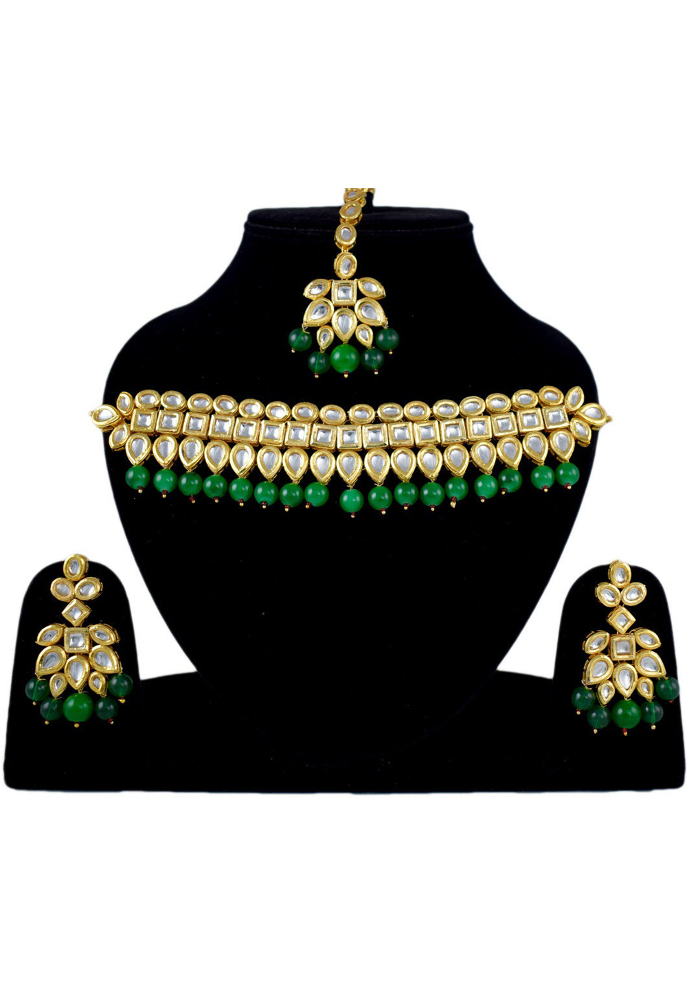 Green Alloy Necklace Set Earrings and Maang Tikka 197629