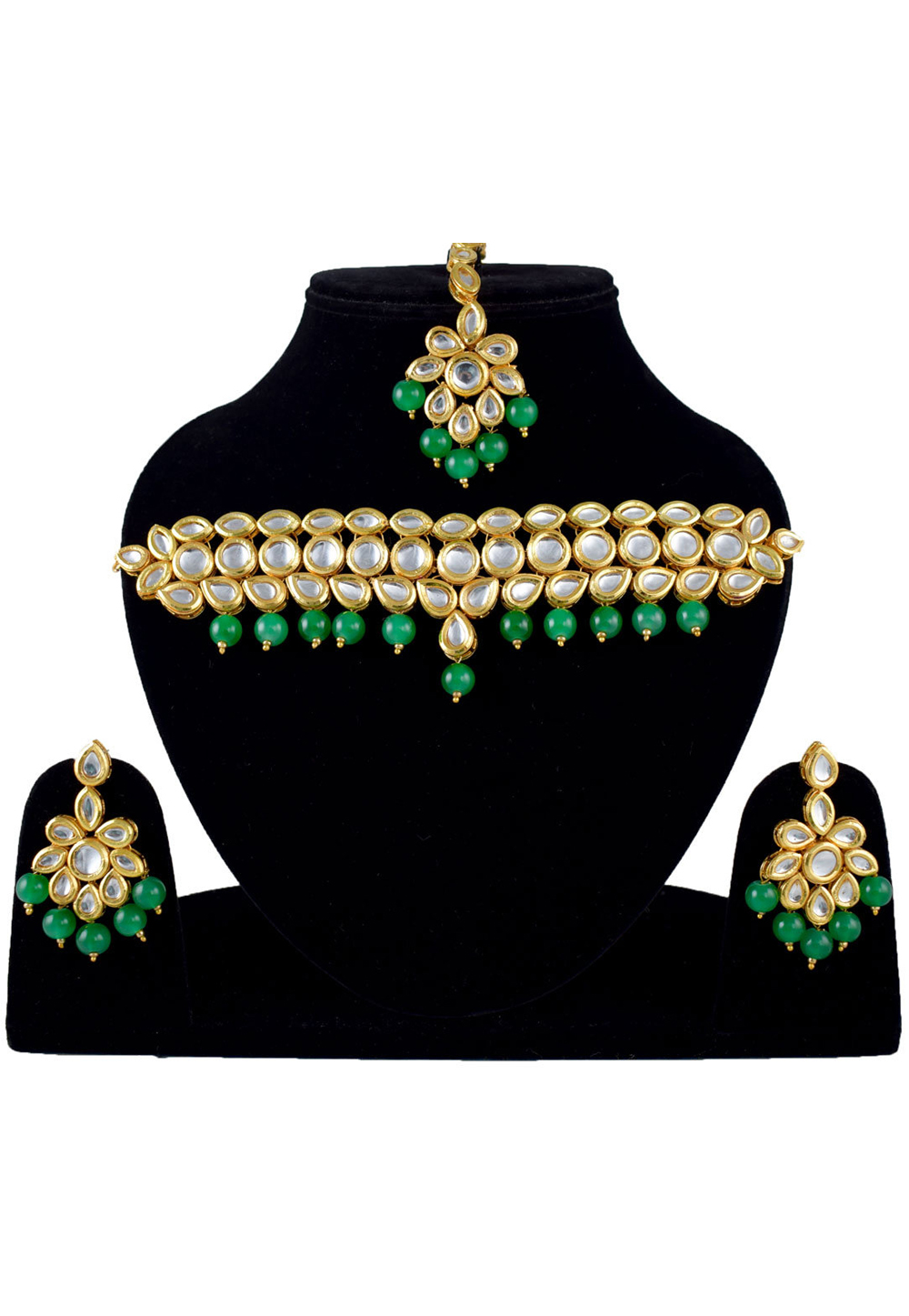 Green Alloy Necklace Set Earrings and Maang Tikka 197633