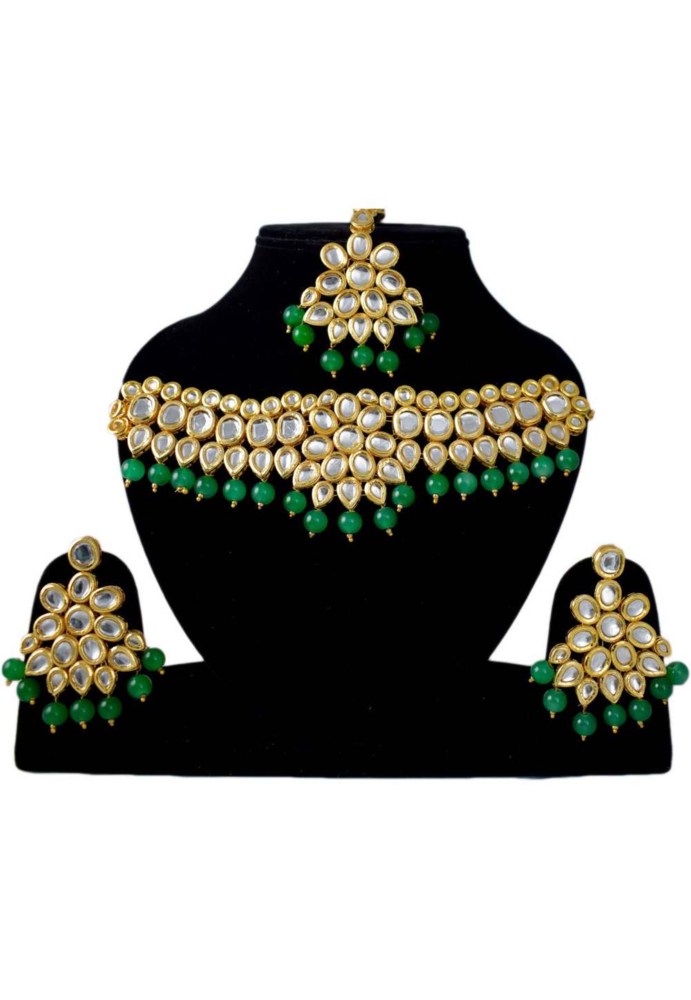 Green Alloy Necklace Set Earrings and Maang Tikka 197635