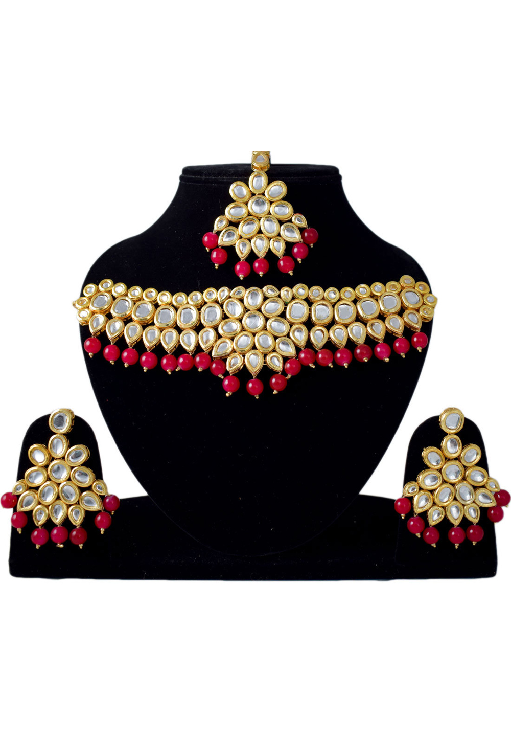 Pink Alloy Necklace Set Earrings and Maang Tikka 197636