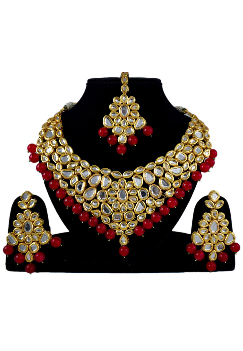 Maroon Alloy Necklace Set Earrings and Maang Tikka 197637