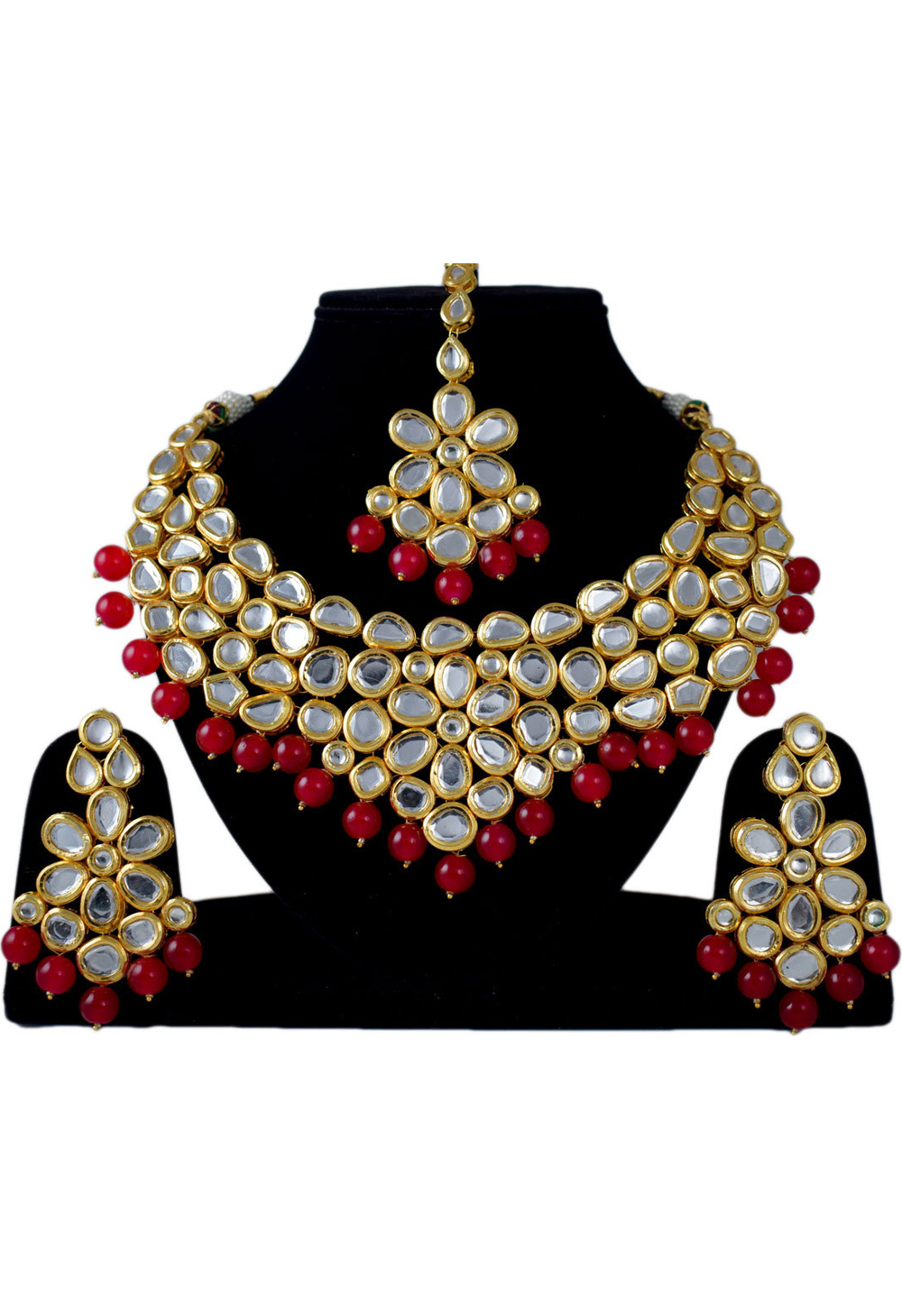 Maroon Alloy Necklace Set Earrings and Maang Tikka 197642