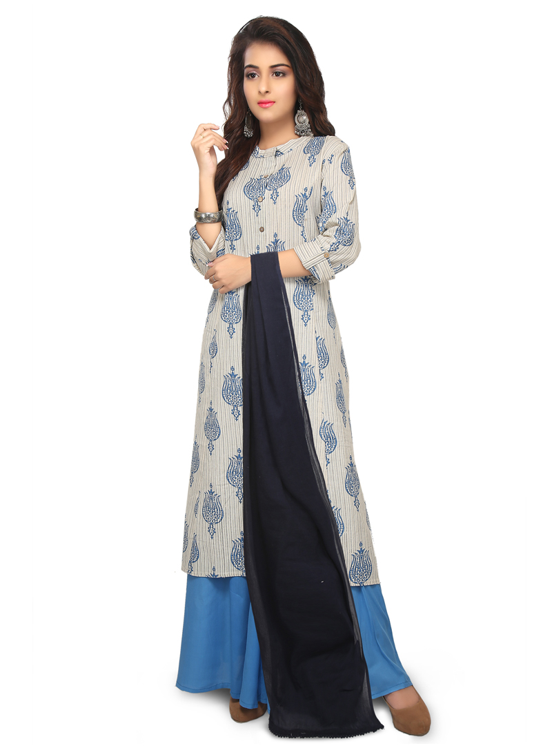 Beige Cotton Readymade Palazzo Style Suit 147736