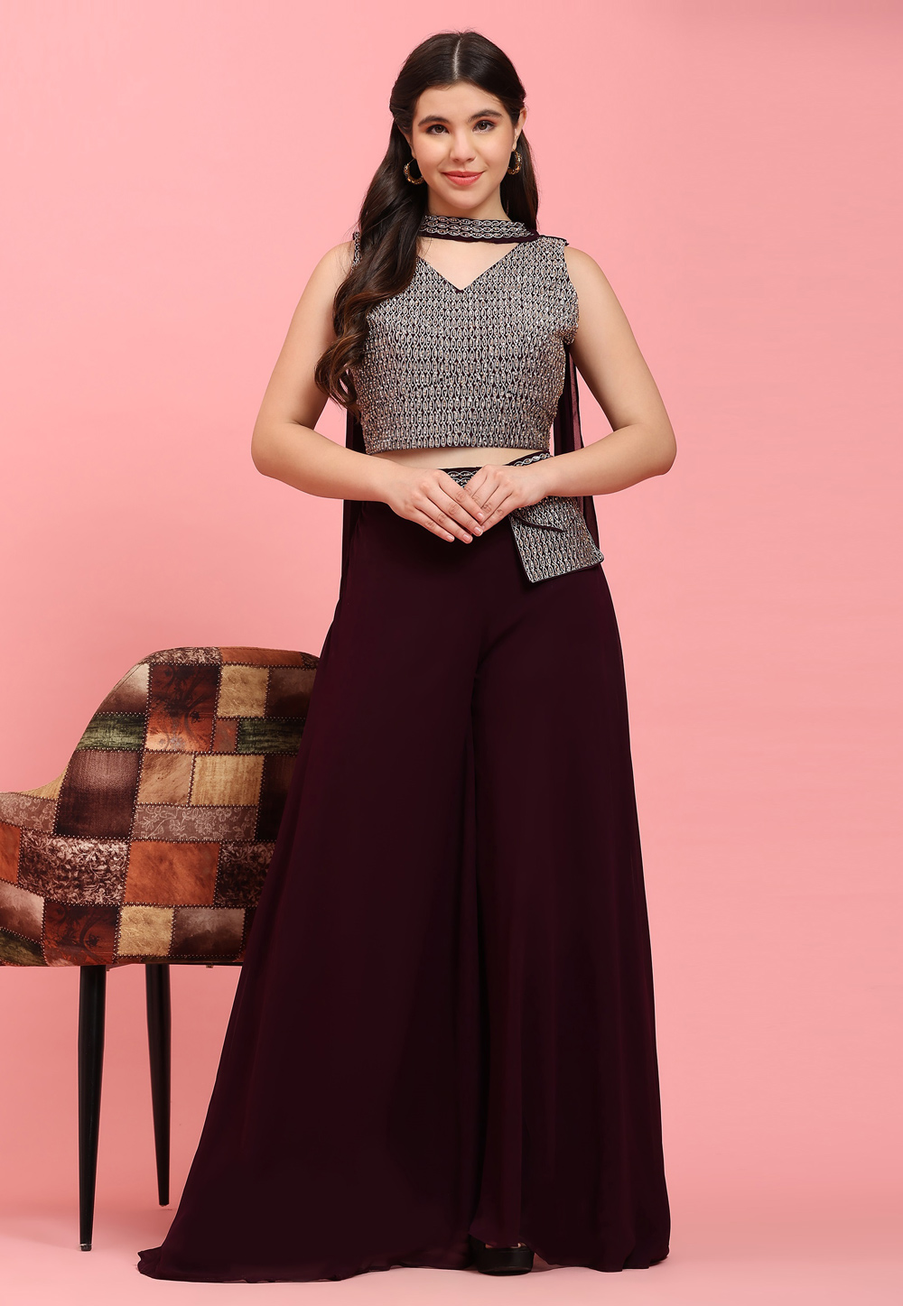 Wine Georgette Crop Top With Palazzo 276335
