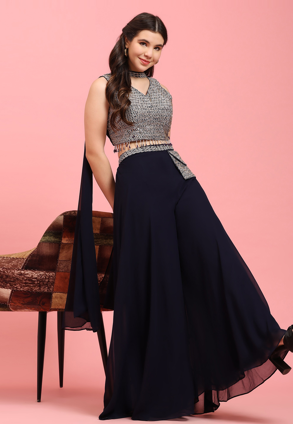 Navy Blue Georgette Crop Top With Palazzo 276336