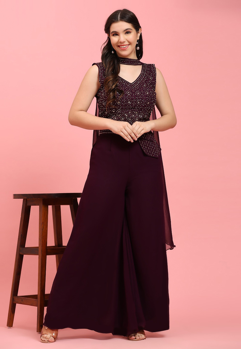 Wine Georgette Crop Top With Palazzo 276339