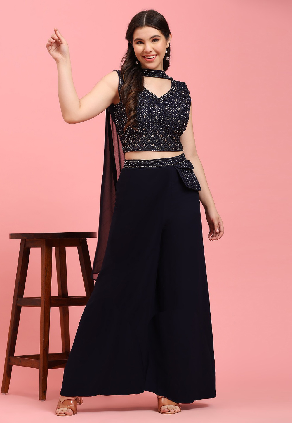 Navy Blue Georgette Crop Top With Palazzo 276340