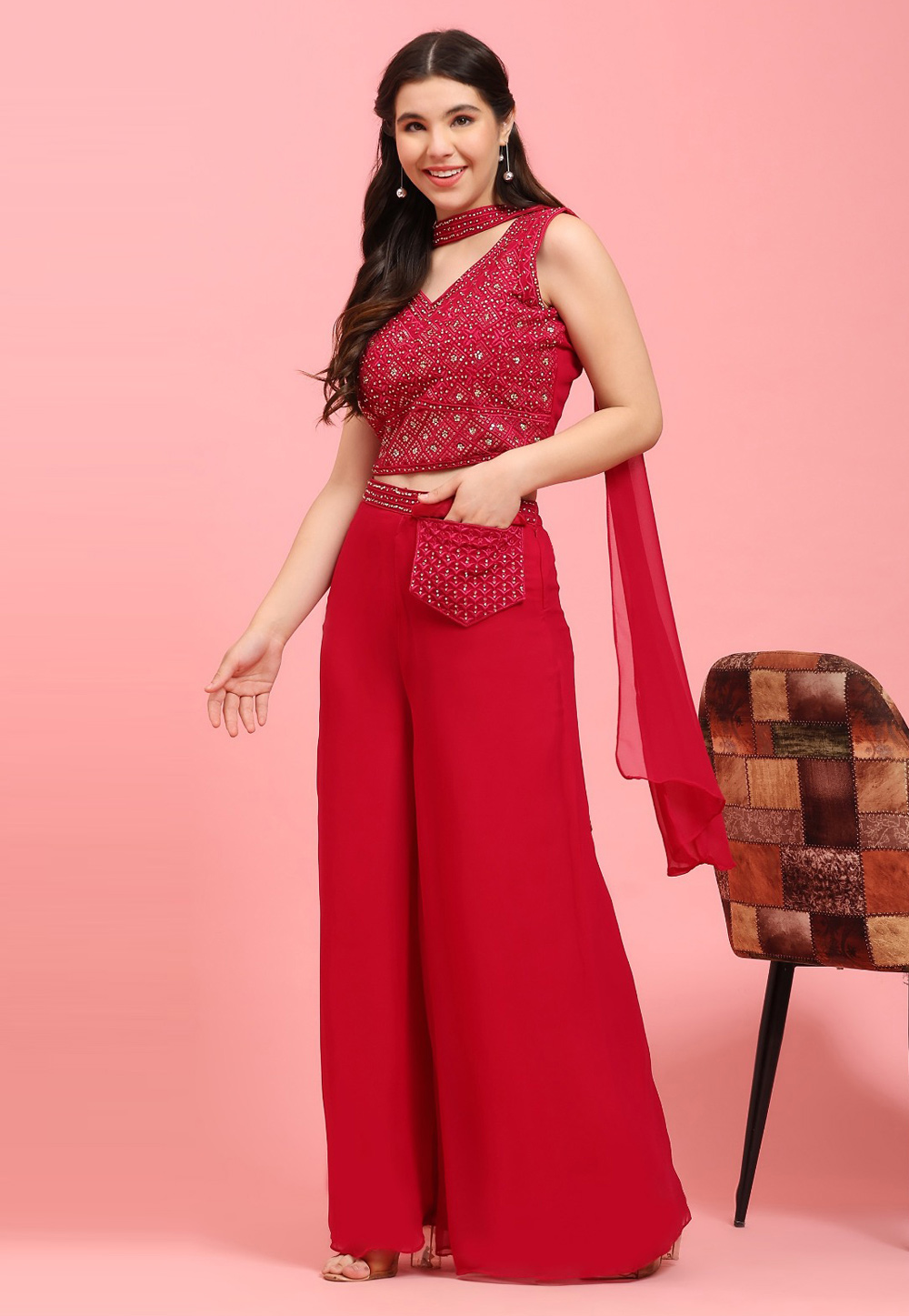 Red Georgette Crop Top With Palazzo 276341