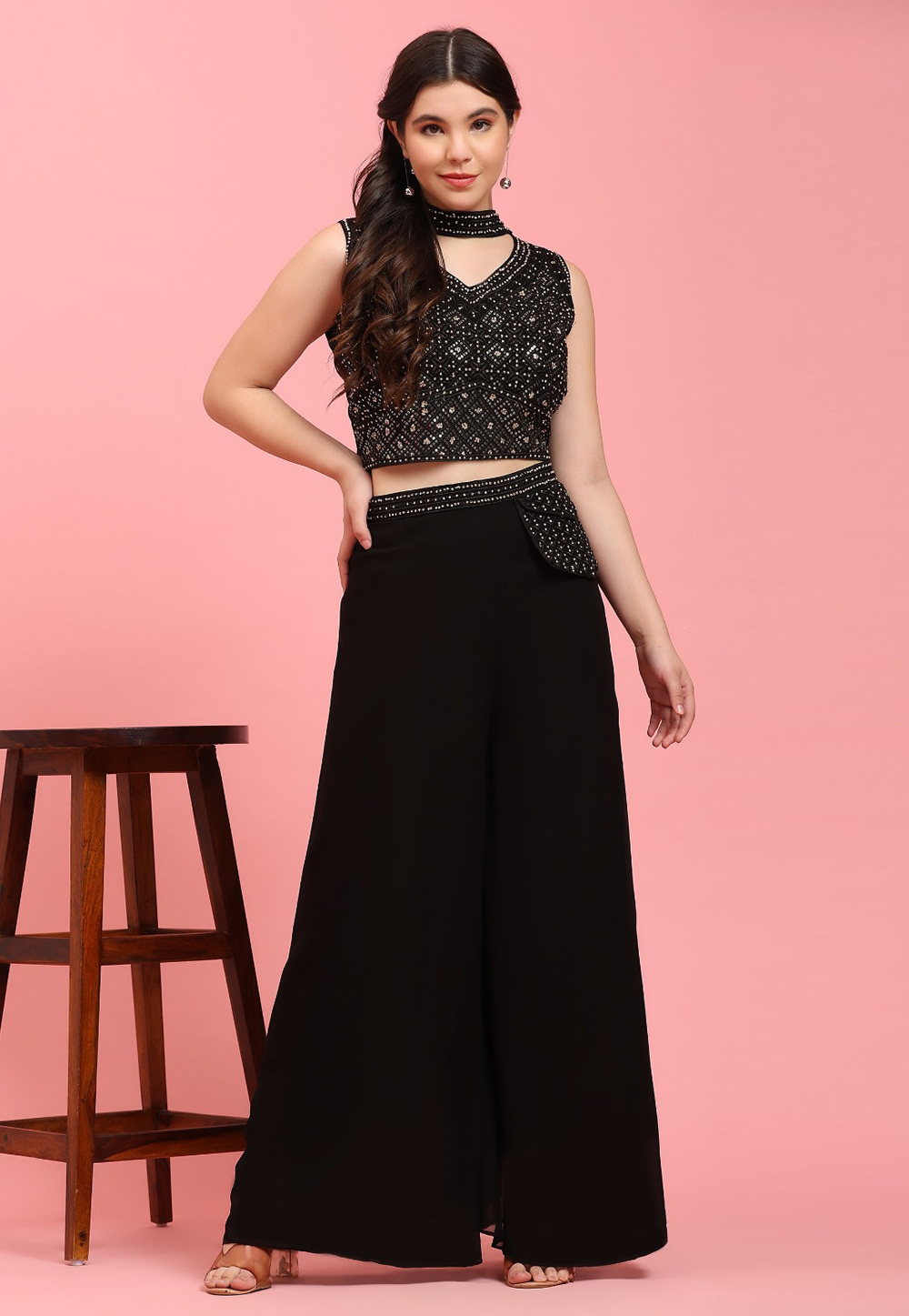 Black Georgette Crop Top With Palazzo 276342