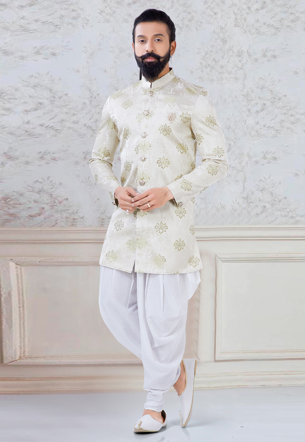 Off White Silk Indo Western Suit 245468