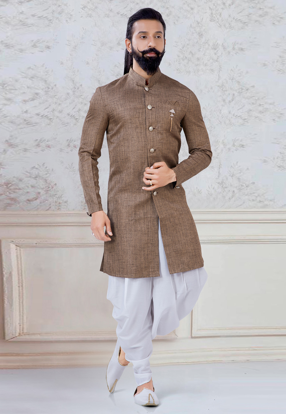Brown Linen Indo Western Suit 245469