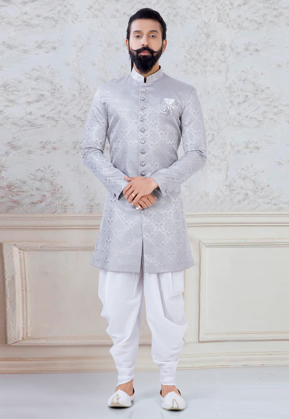 Grey Jacquard Silk Indo Western Suit 245471